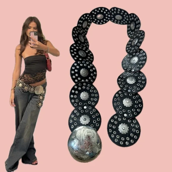 Handmade Moroccan Leather Concho Belt – Black & Silver Boho Western Cowgirl - Picture 1 of 7